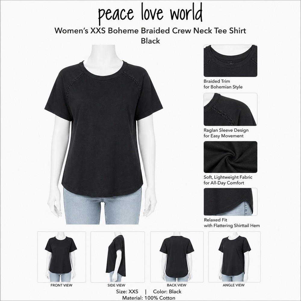 Peace Love World Boheme Braided Crew Neck Tee Shirt Black XXS Cotton Relaxed Fit